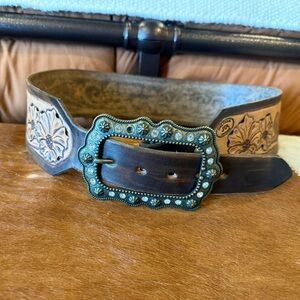 Embellished Leather Belt with bronze Buckle